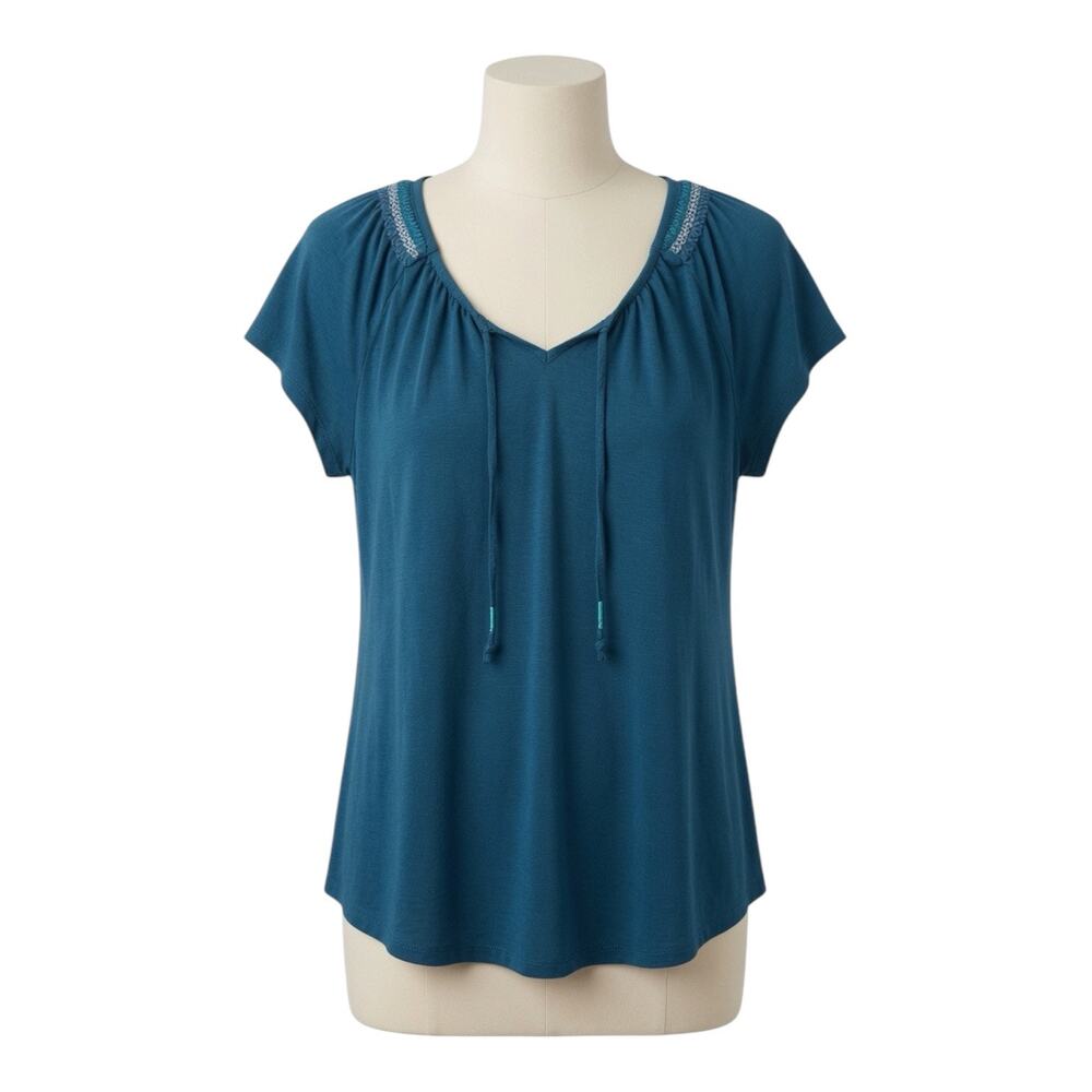 Sonoma Life+Style Teal Blue Boho Tassel Short Sleeve Top Blouse Large